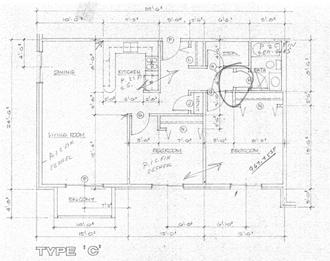 Floor plan for 2 beds, 1 bath, 955 sqft